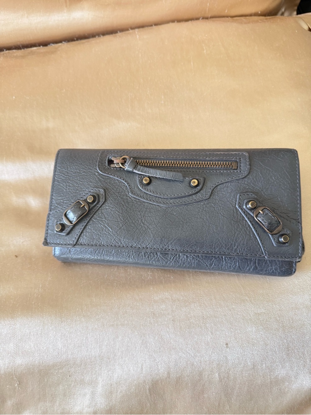 Balenciaga Slate Gray Leather Continental Wallet with Zip Detail